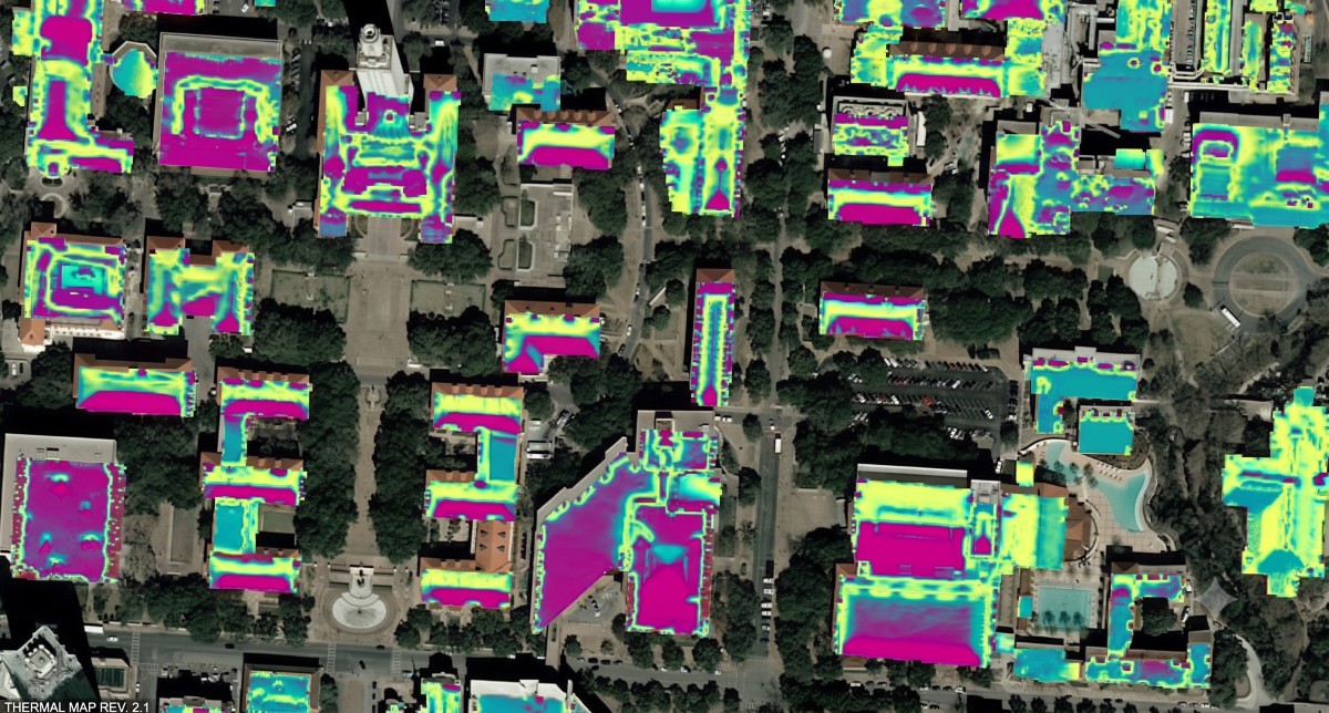 Rooftop solar irradiance heat map across a dense city block