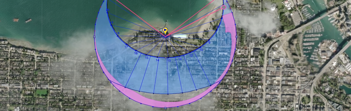 Solar path diagram overlaid on an aerial photo of Vancouver